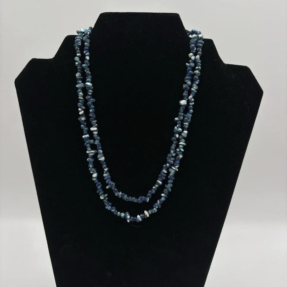 Blue Gemstone Chip Bead Necklace‎ Long Strand Layering Boho Jewelry 36